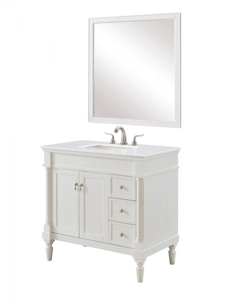 36 Inch Single Bathroom Vanity in Antique White with Ivory White Engineered Marble